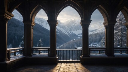 Terrace with a view of the winter mountains