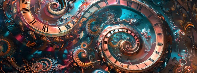 Clocks and vibrant prismatic patterns, evoking the concept of time travel or the complexity of time
