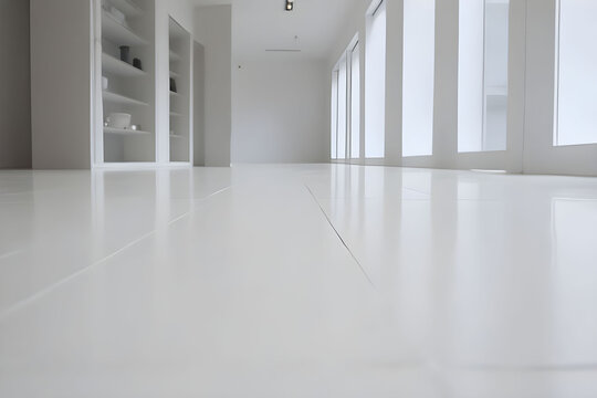 perspectiva de c&otilde;modo com piso branco liso e brilhante mockup	
