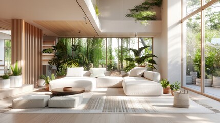 Sustainable timber in a chic interior, combining style and sustainability, front view, highlighting ecofriendly decor, digital binary as object, colored pastel