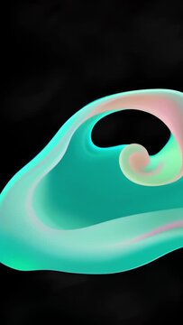 Abstract swirling shapes with turquoise, green, and pink colors on a black background