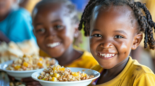Happy poor african school children eating together. Problems of hunger and lack of food in African countries. Generative ai