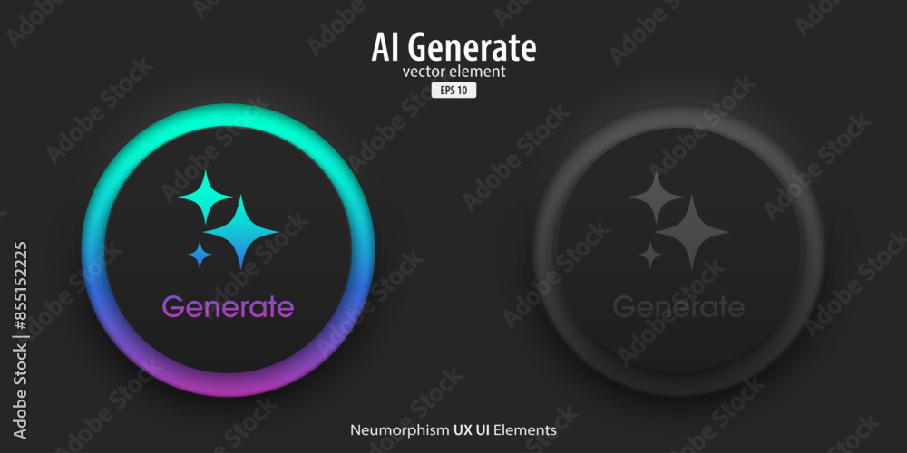 Poster Generative AI buttons. A set of active and inactive black buttons with Generate AI symbols. Artificial intelligence learning technology concept. Neumorphism style, UI UX design, Vector illustration.