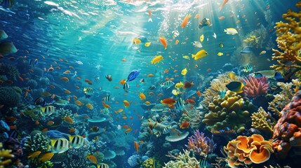 Tropical sea underwater fishes on coral reef. Aquarium oceanarium wildlife colorful marine panorama landscape nature snorkel diving