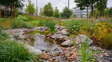 Bioswales in an urban park, managing stormwater naturally, front view, illustrating green infrastructure, cybernetic tone, Triadic Color Scheme
