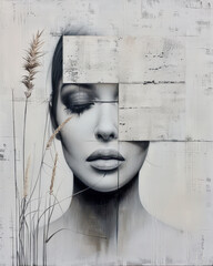 Abstract Neo-Surrealist Art Ethereal Woman's Face Merged with Nature Elements, Featuring Bold Orange Sun and Delicate Grass Strokes , Japanese art for a Contemporary Artistic Statement Wallpaper