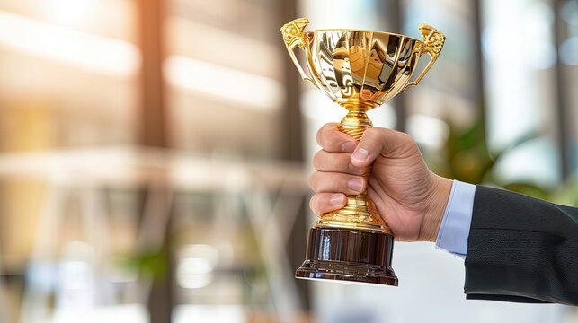 a hand holding up a golden trophy of victory, set against a blurred background, with ample copy space to convey winning and success concepts.