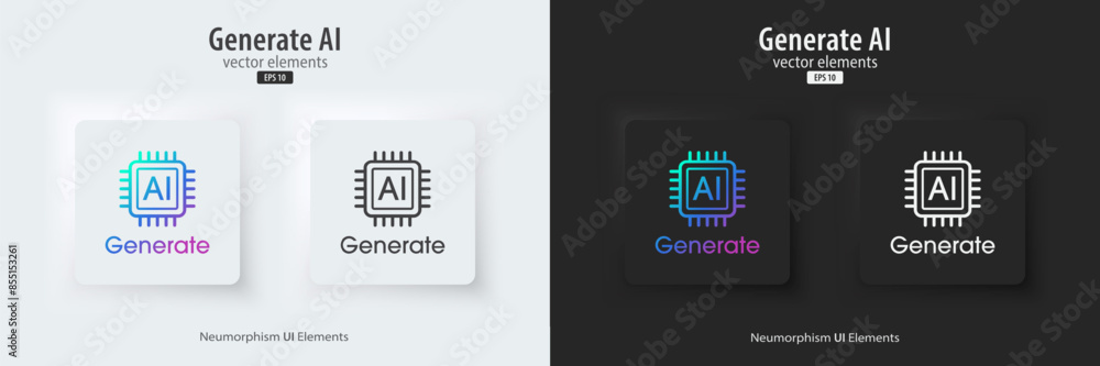Poster Set of Generative AI in black and white neumorphism style. Generate AI buttons. Machine learning concept. AI enters by command prompt to generate ideas. UI UX design, Vector illustration.
