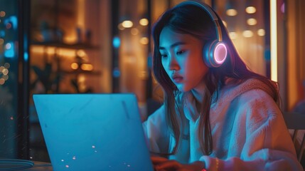 Fototapeta premium An Asian Girl Wearing Headphones, Listening To Music While Studying Online On Her Laptop