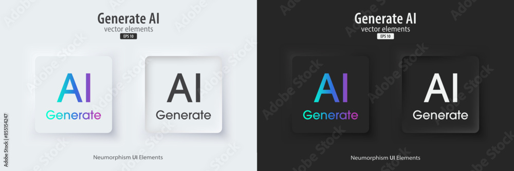Aufkleber Set of Generative AI in black and white neumorphism style. Active and inactive buttons. Machine learning concept. AI enters by command prompt to generate ideas. UI UX design, Vector illustration.