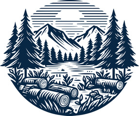 monochrome vector illustration of a forest landscape with mountains line art