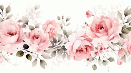 Watercolor pink roses and leaves seamless pattern border