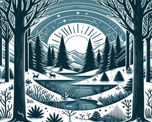 monochrome vector illustration of a forest landscape with mountains line art