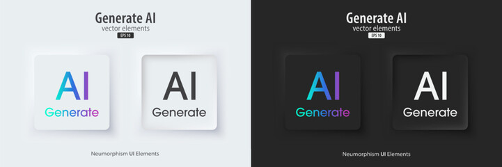 Set of Generative AI in black and white neumorphism style. Active and inactive buttons. Machine learning concept. AI enters by command prompt to generate ideas. UI UX design, Vector illustration.
