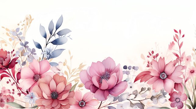Watercolor floral border with pink and red flowers, leaves, and branches on white background.