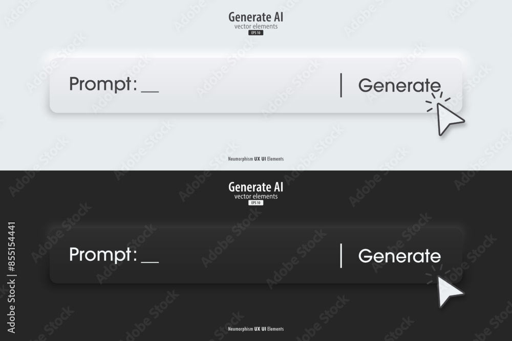 Poster Generative AI bar, black and white color. Artificial intelligence and Machine learning technology concept. AI enters by command prompt to generate ideas. Neumorphism style. Vector illustration.