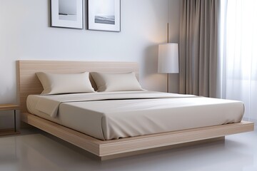 Minimalist bedroom featuring wooden bedframe, white walls and framed pictures