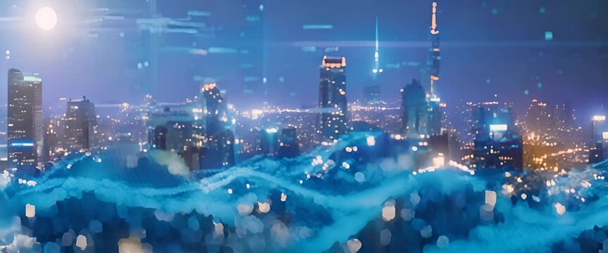 Smart city and big data connection technology concept with digital blue wavy wires with antennas on night megapolis city sky