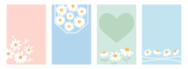 Set of daisy flower and heart on pink, blue and green backgrounds vector.