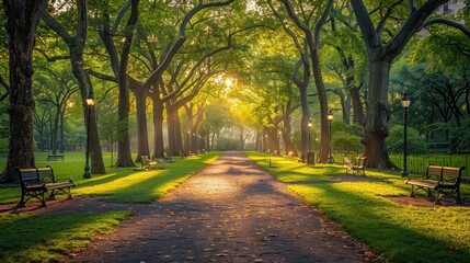 Sunlit Path Through a Tree-Lined Park