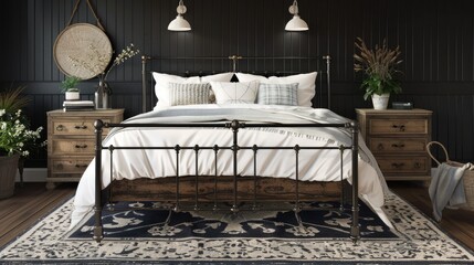 a bedroom with a black wall background, featuring a metal bed frame and wooden nightstands, showcasing Scandinavian farmhouse-style home decor from a frontal perspective.
