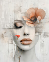 Abstract Neo-Surrealist Art Ethereal Woman's Face Merged with Nature Elements, Featuring Bold Orange Sun and Delicate Grass Strokes , Japanese art for a Contemporary Artistic Statement Wallpaper