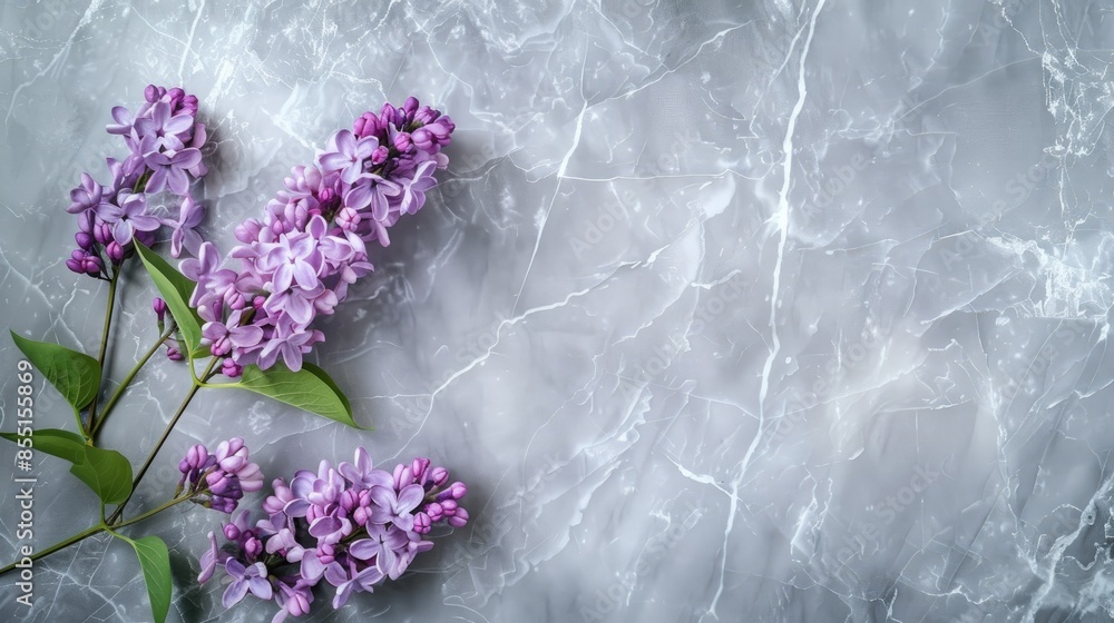 Poster lilac branch on stylish marble background view from above spring theme ample space for text