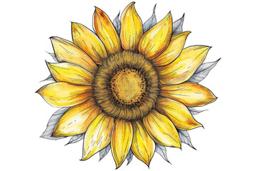 Fototapeta premium Hand-drawn yellow sunflower illustration with intricate details, radiating a cheerful and bright vibe, perfect for art and design projects.