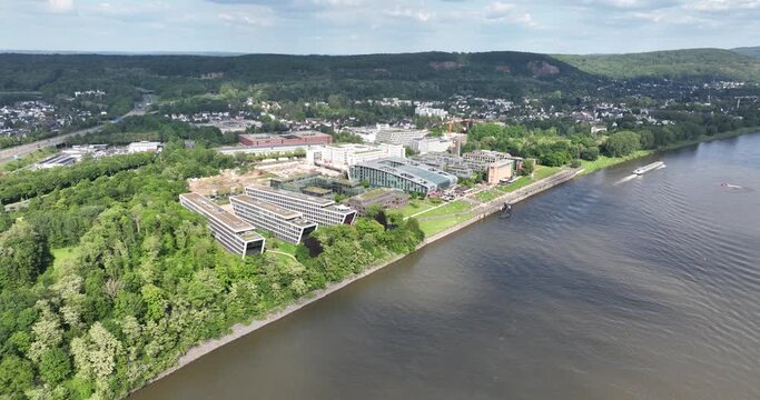 Aerial view on Bonner Bogen, modern office buildings, hotels along the rhine river.
