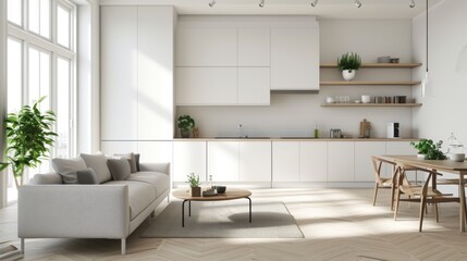 Fototapeta premium A modern interior design in white tones with tiling and kitchen furniture