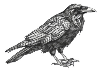 Obraz premium Detailed black and white illustration of a raven with intricate feather patterns and realistic features on a transparent background.
