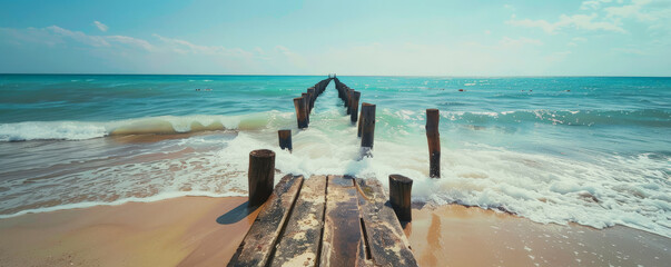 Beach background with a rustic wooden pier extending into the ocean.