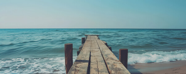 Beach background with a rustic wooden pier extending into the ocean.