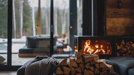 A kitchen tray with firewood next to a burning fireplace
