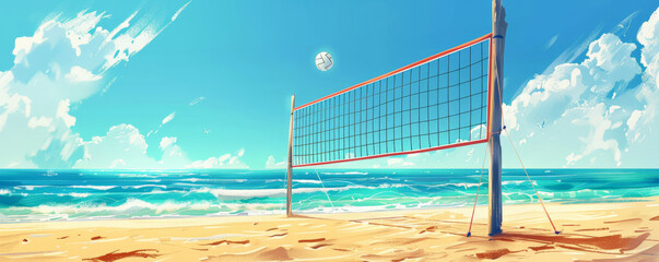 Beach background with beach volleyball net and a game in progress.