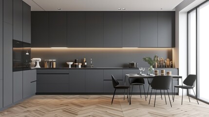 Fototapeta premium A bright minimalist kitchen featuring sleek grey furniture and a large dining table on a wooden floor