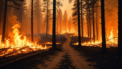 Forest fire in the mountains. Wildfire, burning pine forest in the smoke and flames. Global warming consequences.