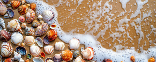 Fototapeta premium Beach background with colorful seashells scattered on wet sand.