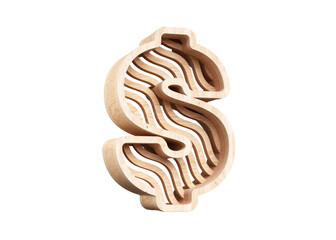 Dollar sign designed with a nice hollow wooden shape with wavy lines. New sustainable concept 3D character collection. Highly detailed 3D rendering.