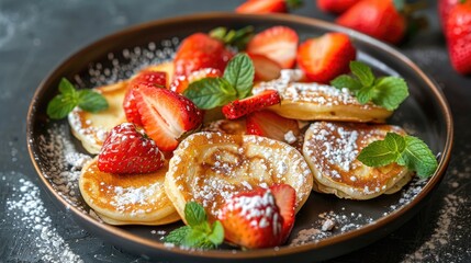 Mini Dutch pancakes with strawberries and mint topped with powdered sugar in a healthy food concept