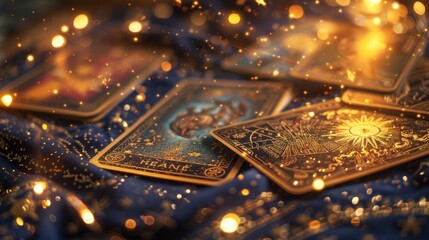 Mystical scene with gold tarot cards on the table