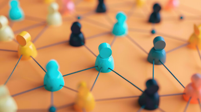 Concept de r&eacute;seau social professionnel, connexions entre personnes symbolis&eacute; par des pions de couleur