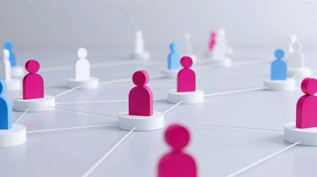 Concept de r&eacute;seau social professionnel, connexions entre personnes symbolis&eacute; par des pions de couleur