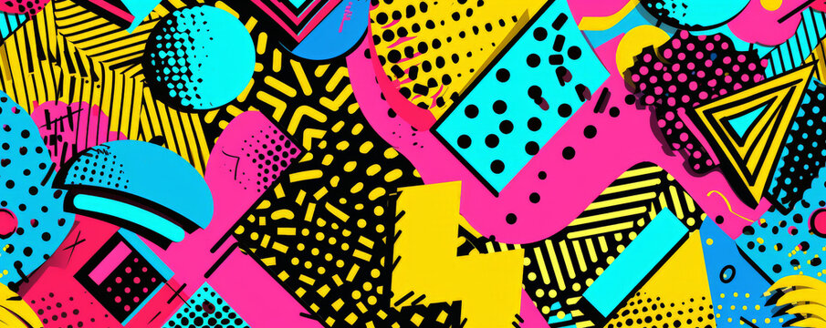 Bright background with colorful, 80s-inspired patterns.