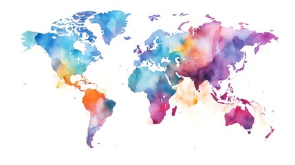 Fototapeta premium Watercolor painting of the world map with colorful abstract shapes.