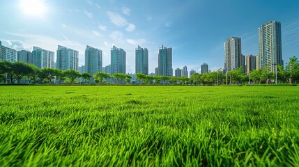 a green grass field in the park, with the city skyline in the background, under a clear blue sky on a summer day, using a wide-angle lens to emphasize the vastness of the scene.