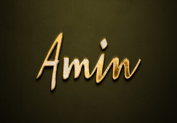 Old gold text effect of name Amin with 3D glossy style Mockup.