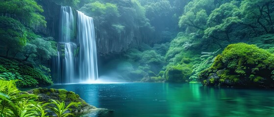 Tranquil blue waterfall flowing over mossy cliff amidst verdant greenery, a serene and picturesque setting.