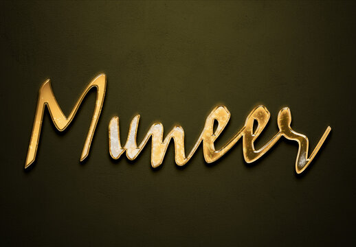 Old gold text effect of name Muneer with 3D glossy style Mockup.