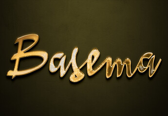Old gold text effect of name Basema with 3D glossy style Mockup.